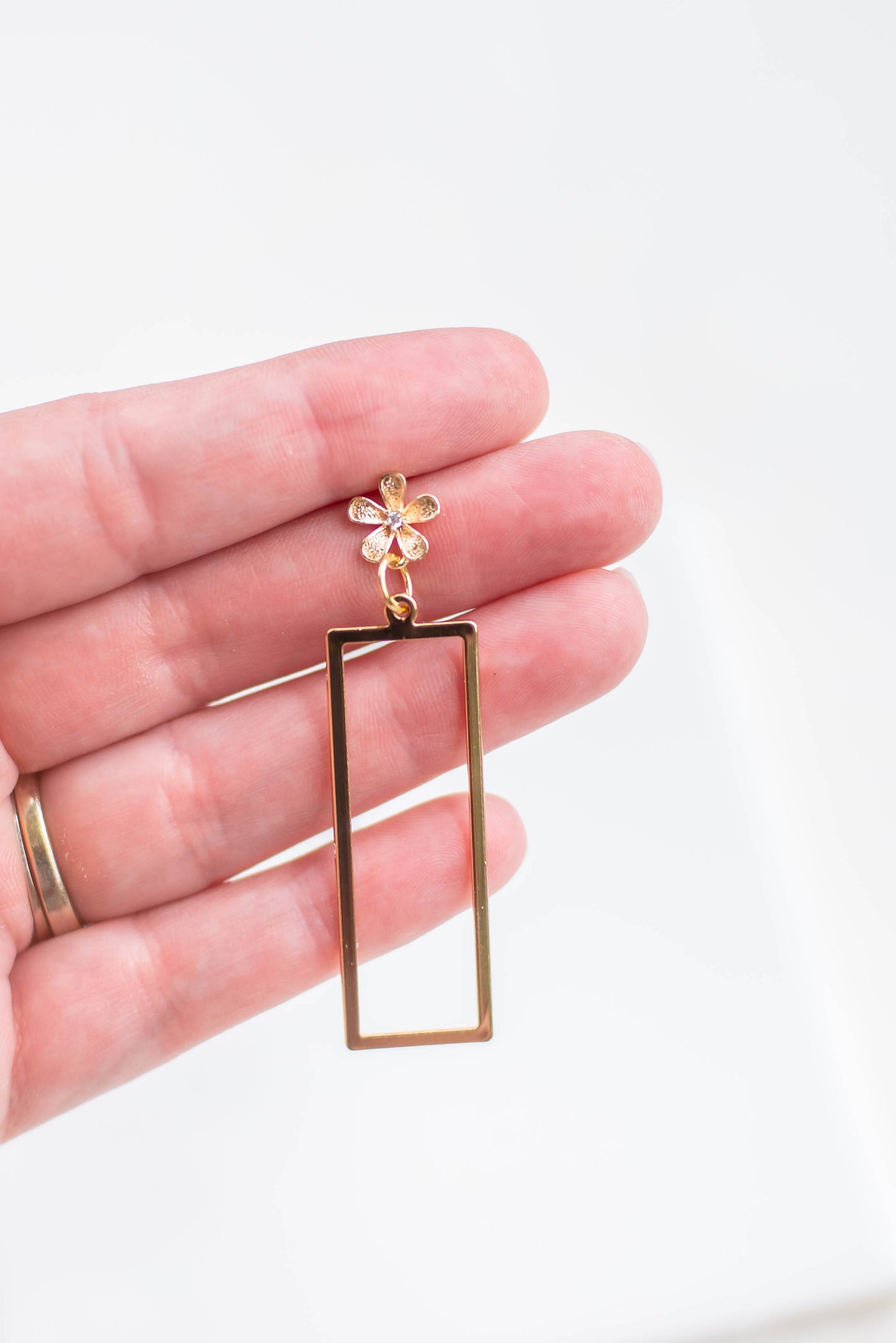 Gold Floral Open Rectangle Earrings
