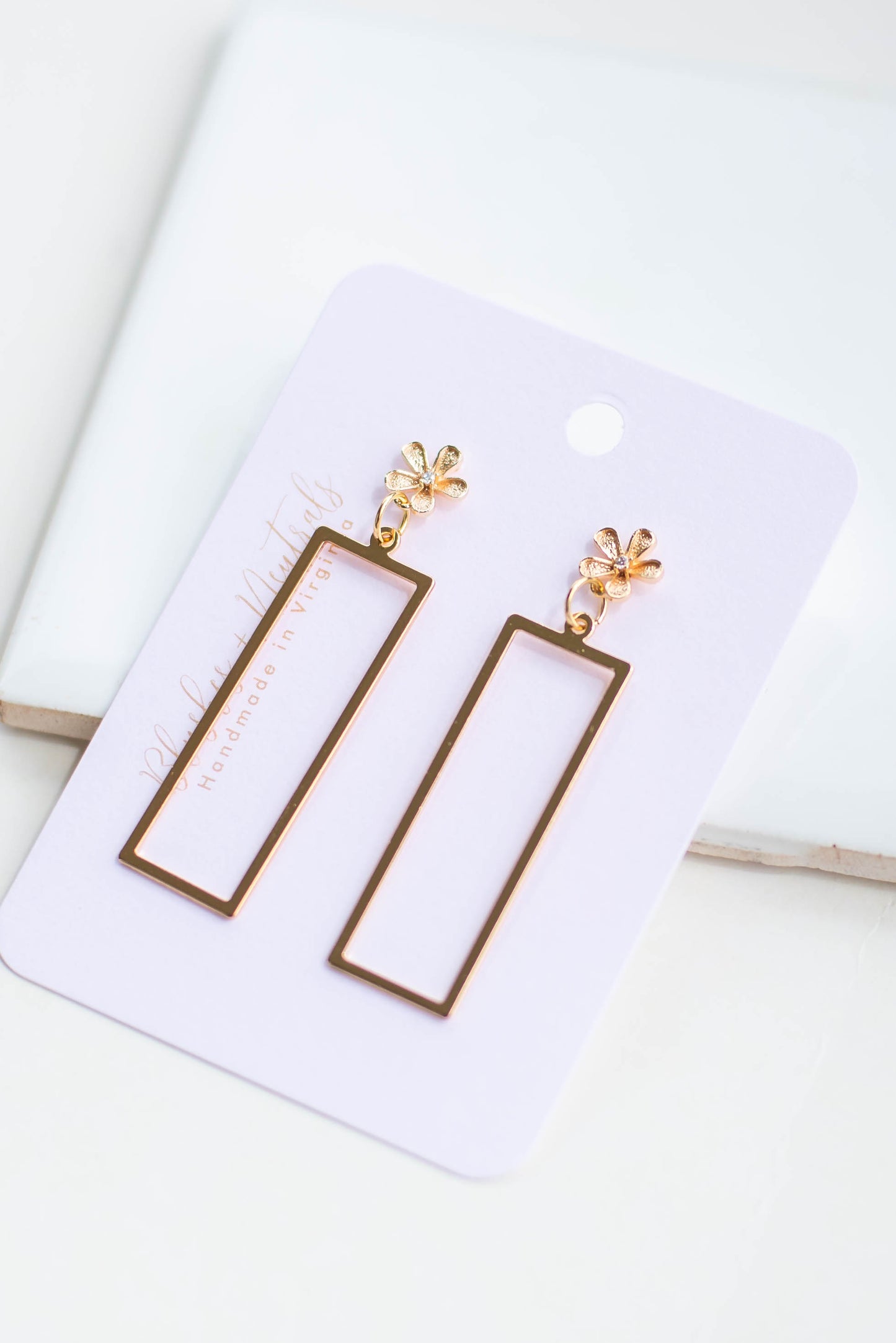 Gold Floral Open Rectangle Earrings