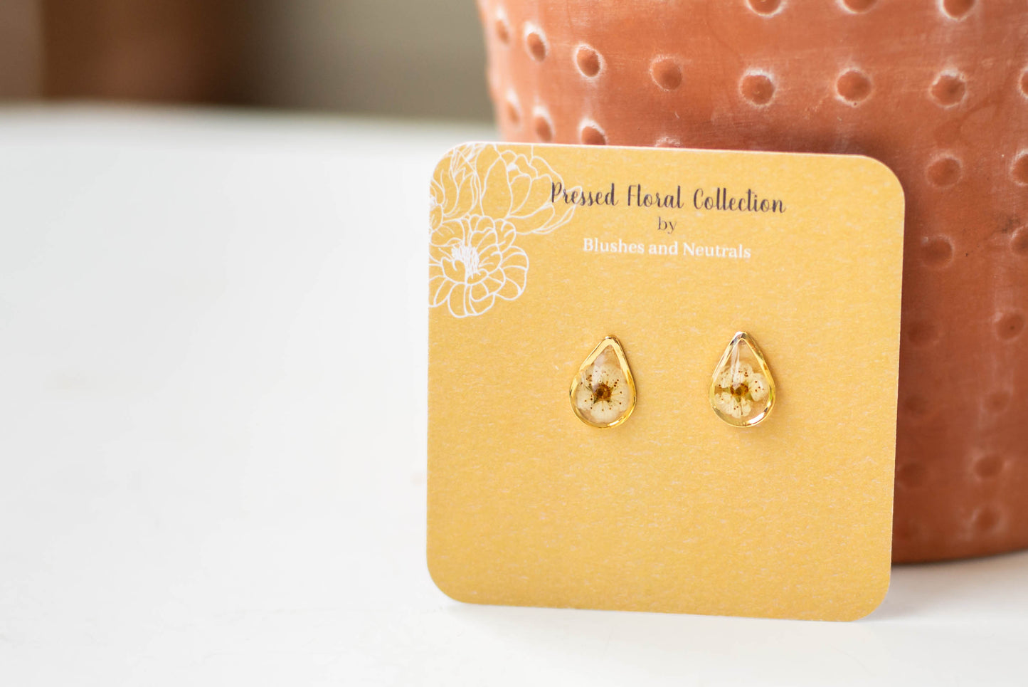 Tiny Pressed Floral Teardrop Studs