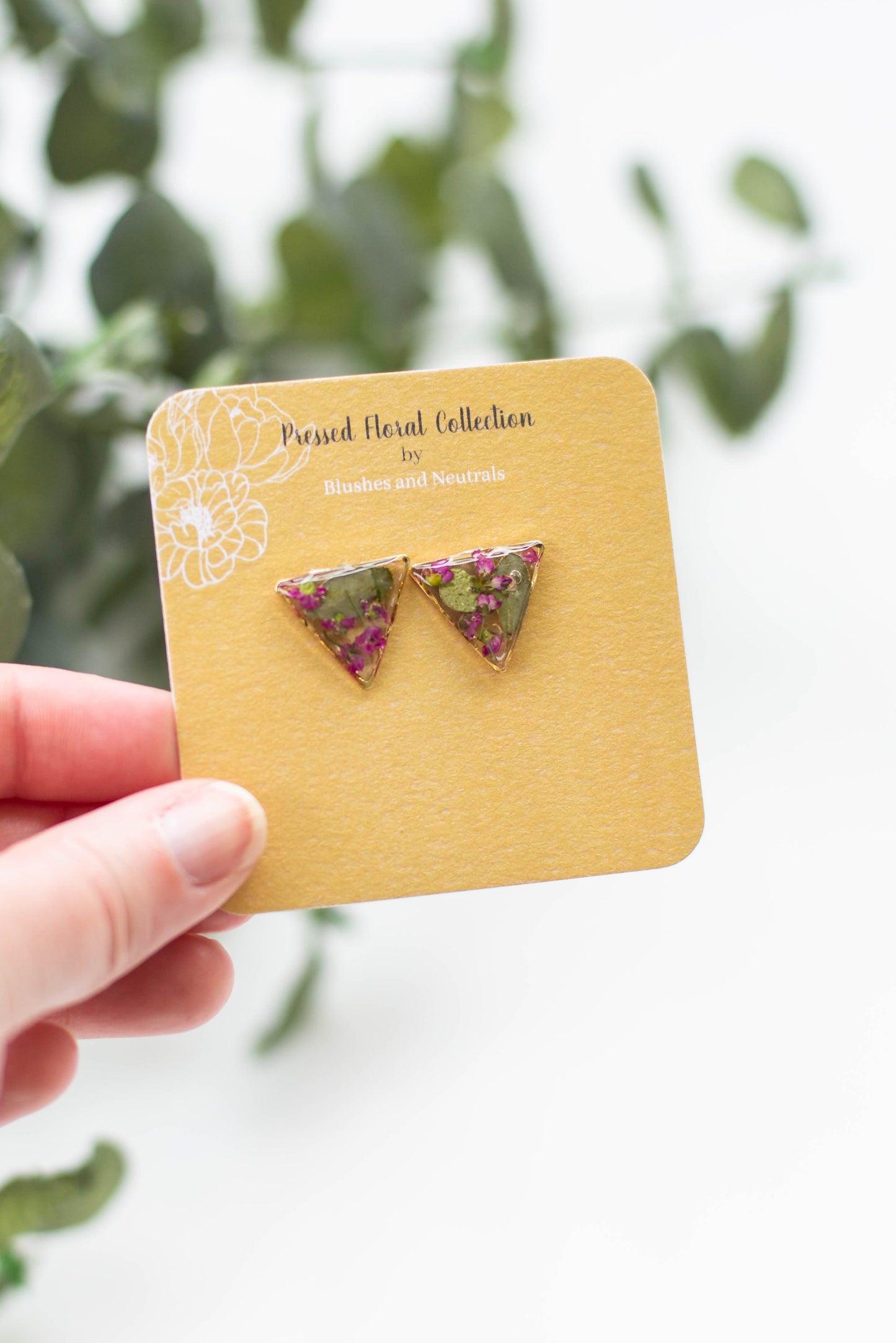 Triangle Pressed Flower Stud Earrings