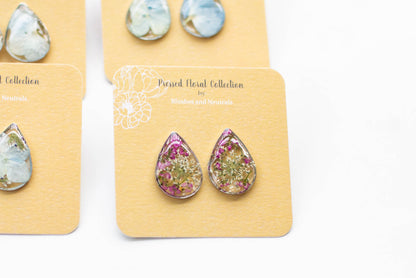 White Gold Teardrop Pressed Flower Studs