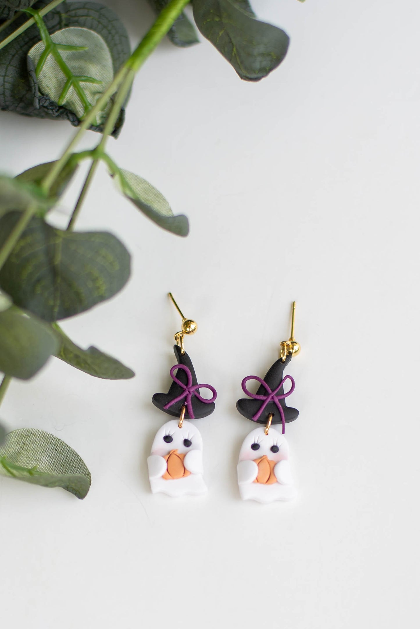 Ghost with Witch Hat Clay Earrings