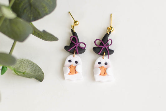 Ghost with Witch Hat Clay Earrings