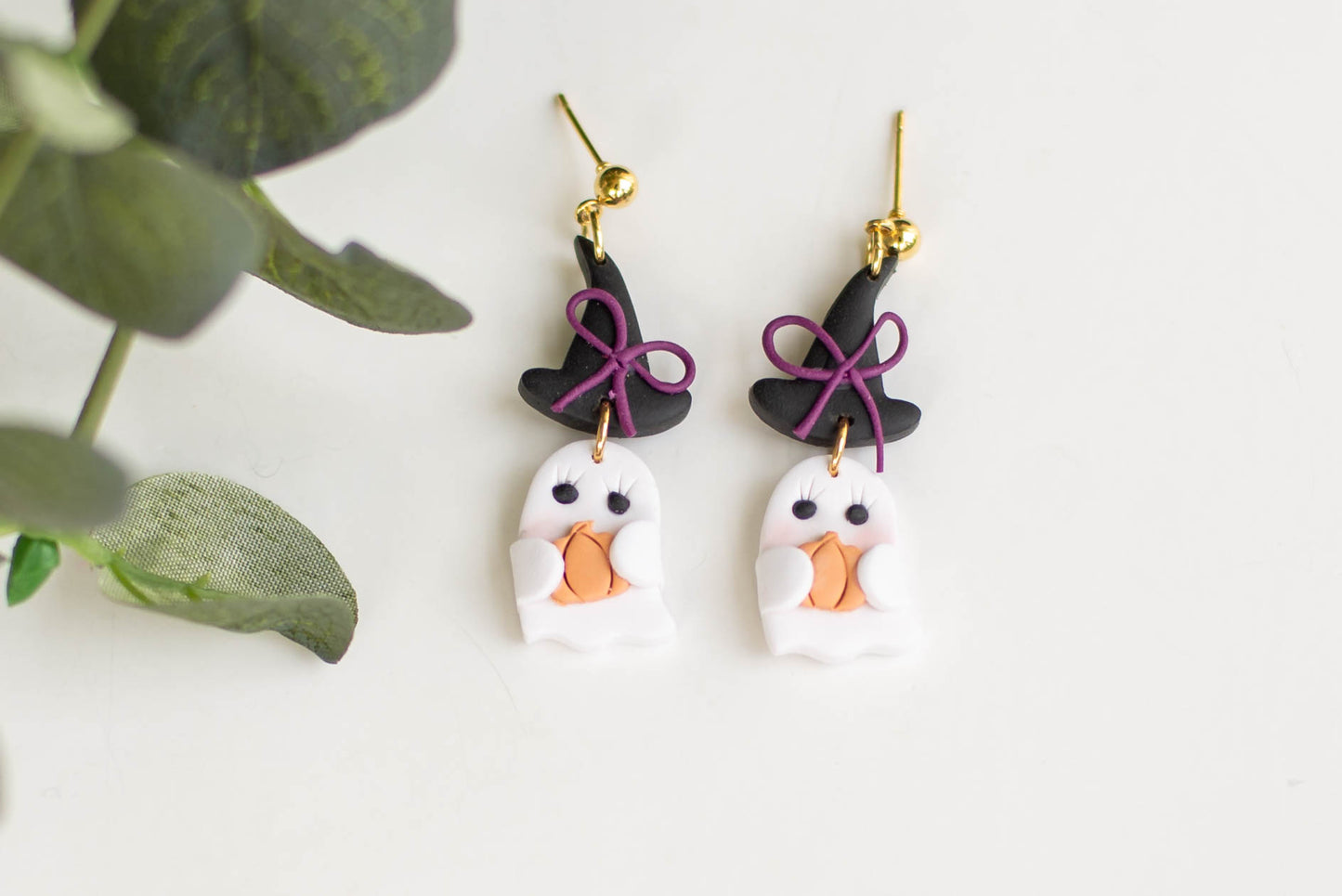 Ghost with Witch Hat Clay Earrings