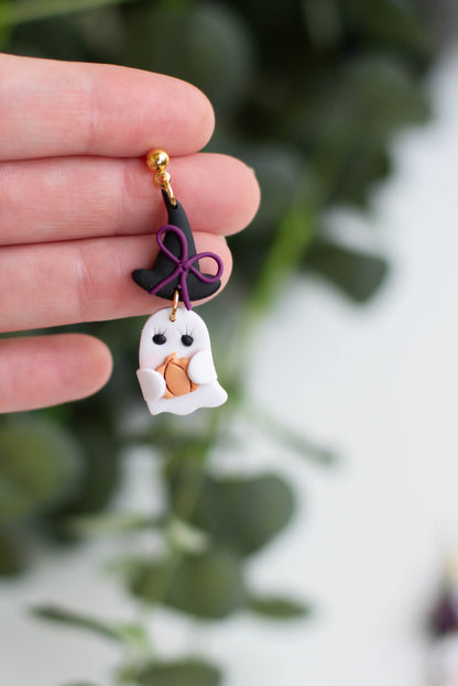 Ghost with Witch Hat Clay Earrings