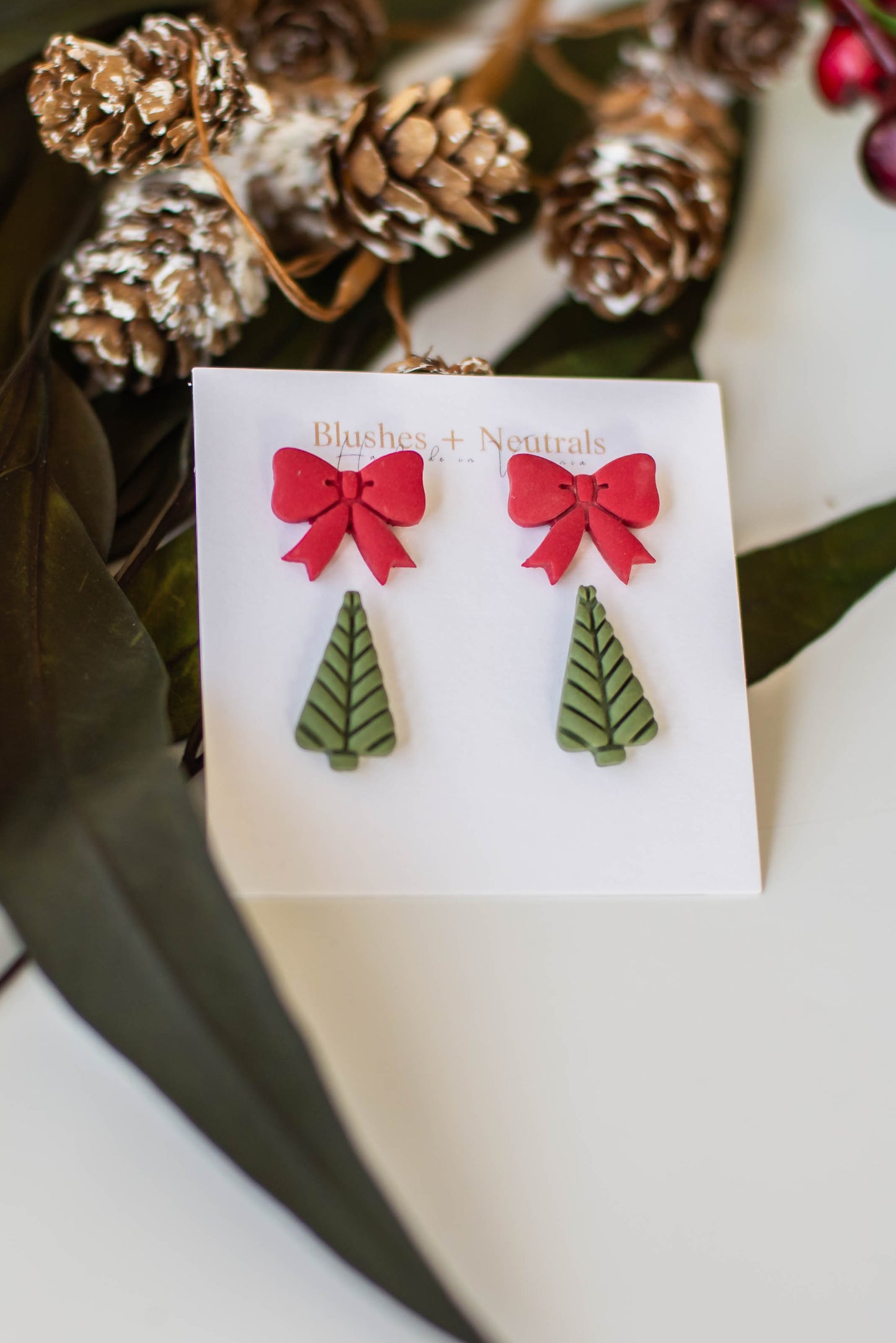 Set of 2 Bow and Christmas Tree Studs