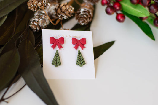 Set of 2 Bow and Christmas Tree Studs