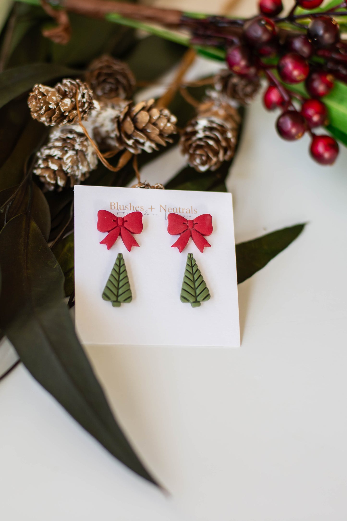 Set of 2 Bow and Christmas Tree Studs