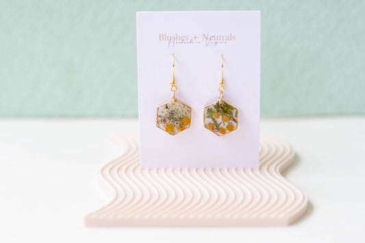 Dried Flower Hexagon Earrings