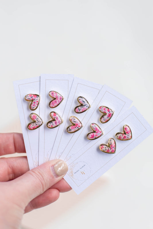 Gold Trimmed Floral Heart Studs