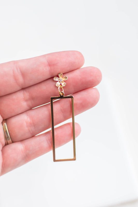 Gold Floral Open Rectangle Earrings