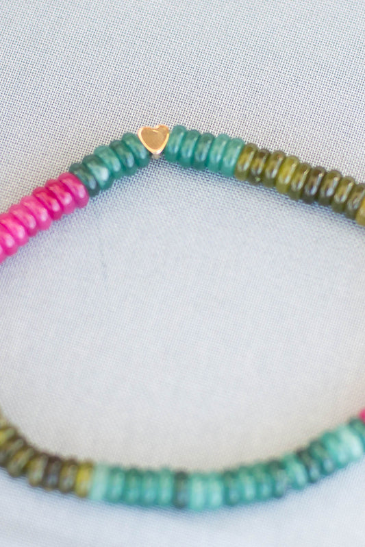 Tourmaline Dyed Jade Stretchy Bracelet | Gold Filled Charm
