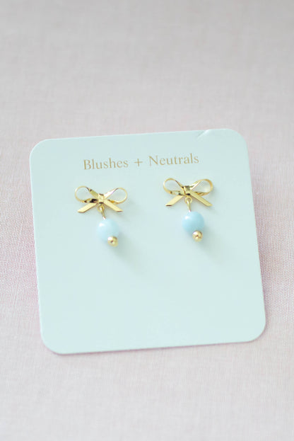 Gold Plated Bow Dangles with Light Blue Jade Gemstone | Petite Dangles