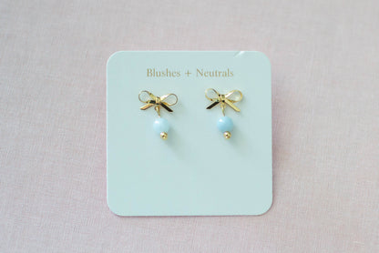 Gold Plated Bow Dangles with Light Blue Jade Gemstone | Petite Dangles