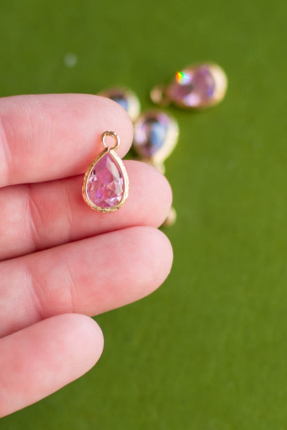Pink Cubic Zirconia Teardrop Charms-6 Pcs.