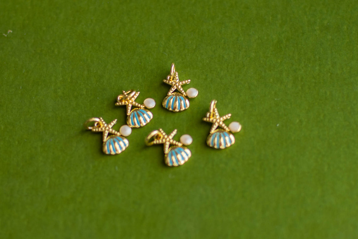 Adorable Gold Oyster & Starfish Charm- 4 Pcs.