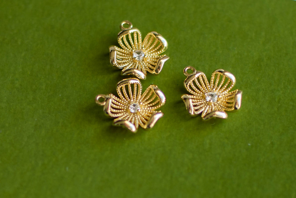 Gold Flower with Cubic Zirconia Center Charm- 3 Pcs.