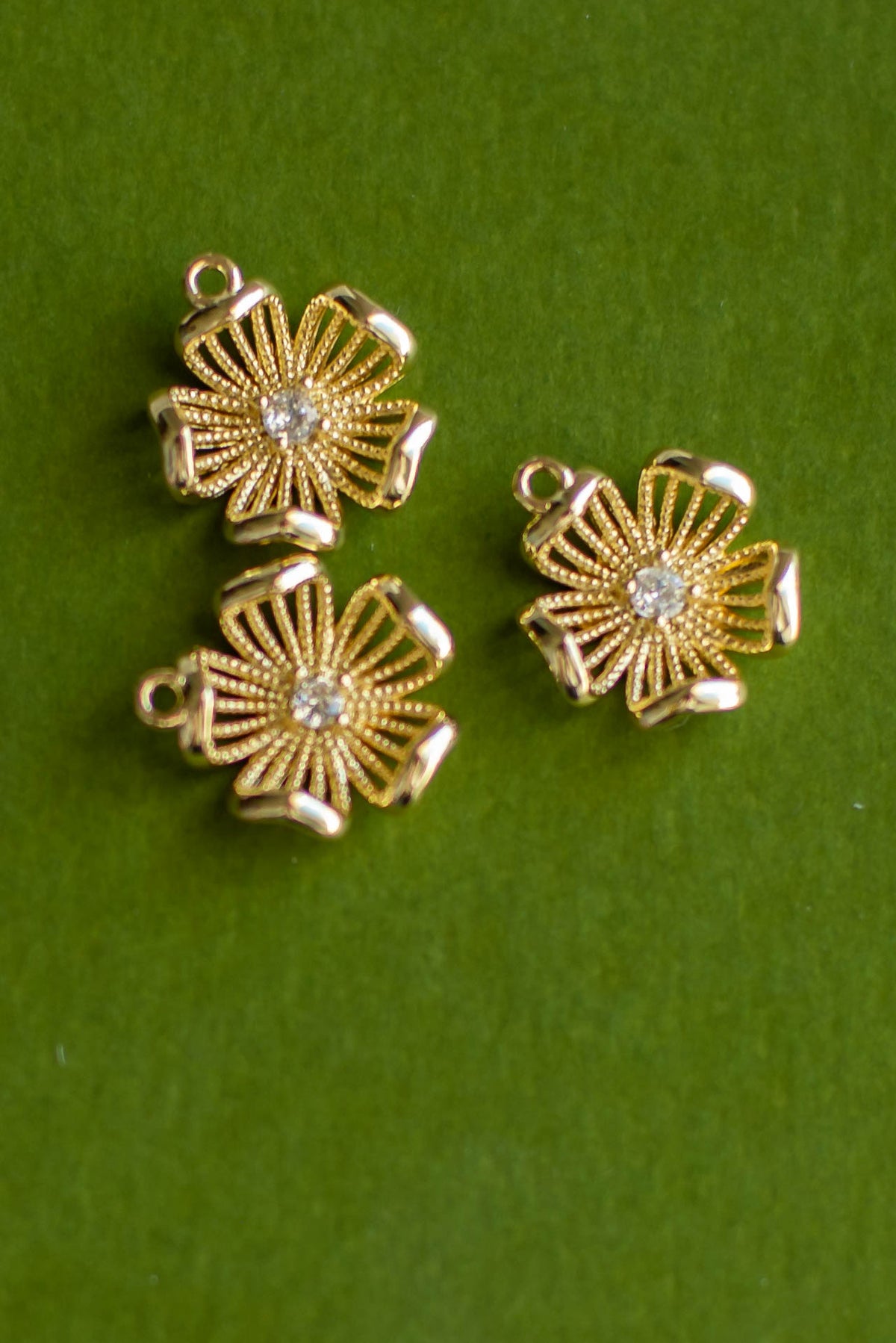 Gold Flower with Cubic Zirconia Center Charm- 3 Pcs.