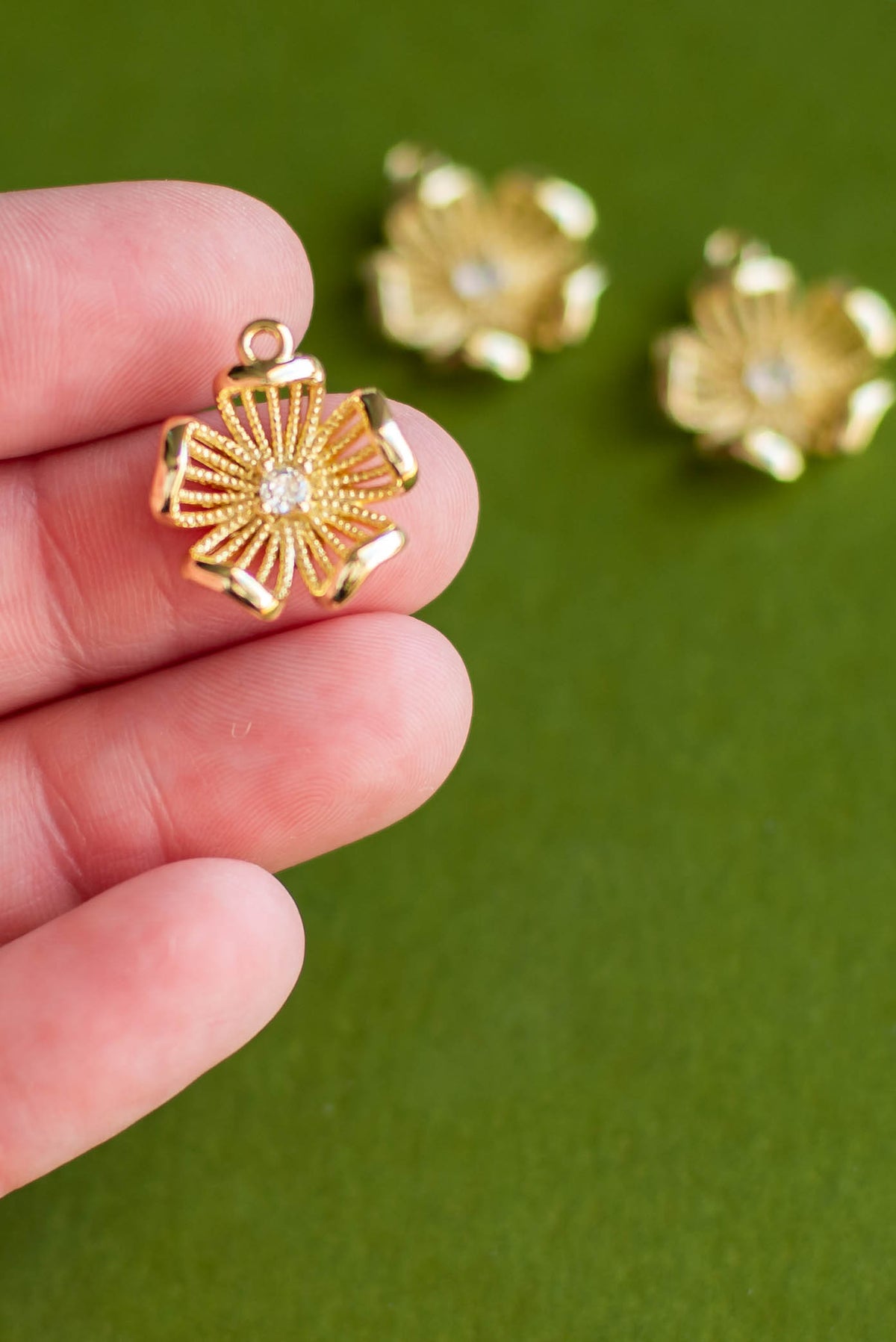 Gold Flower with Cubic Zirconia Center Charm- 3 Pcs.