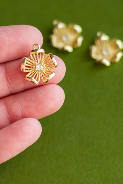 Gold Flower with Cubic Zirconia Center Charm- 3 Pcs.