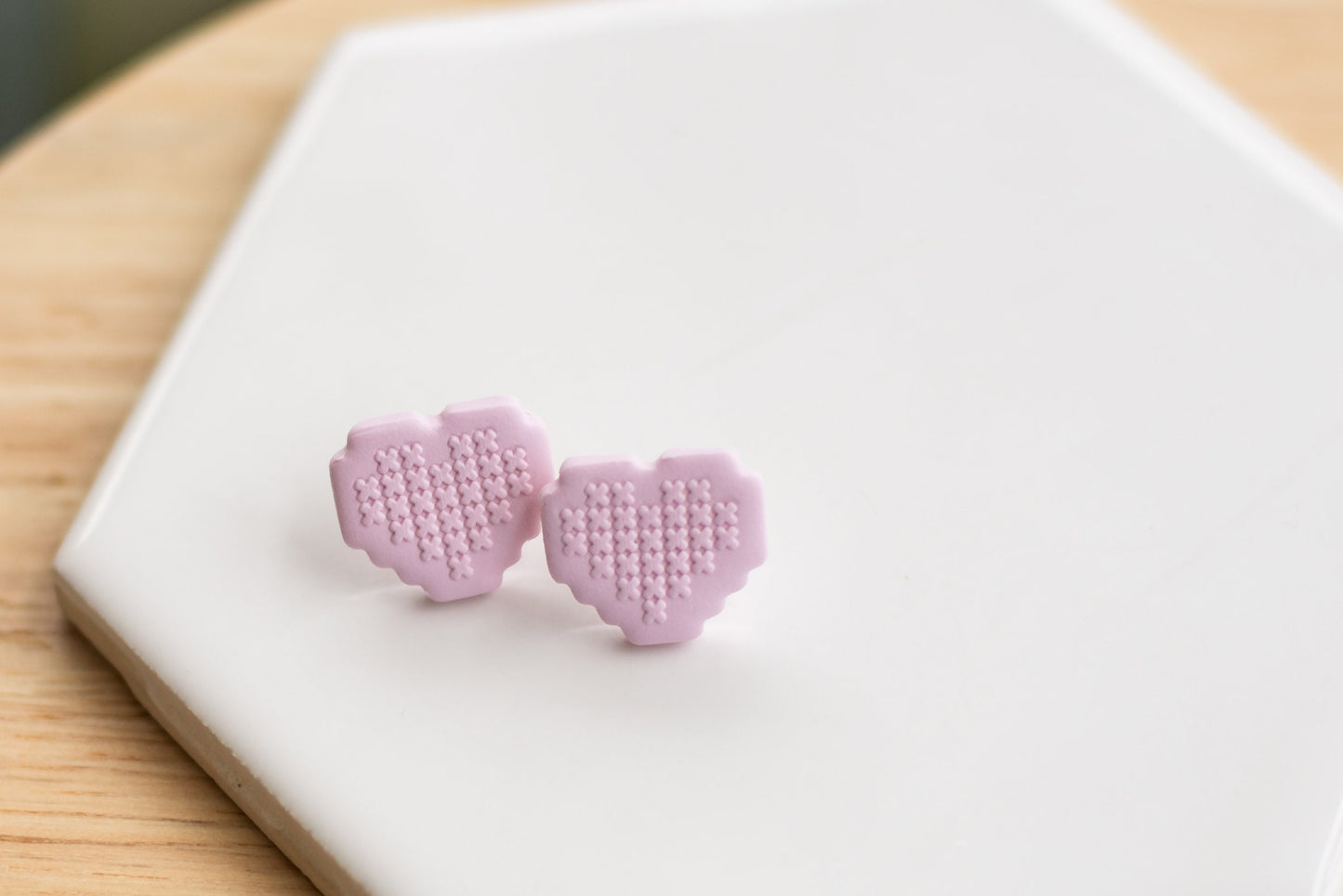 Pink Clay "Cross-Stitch" Heart Earrings