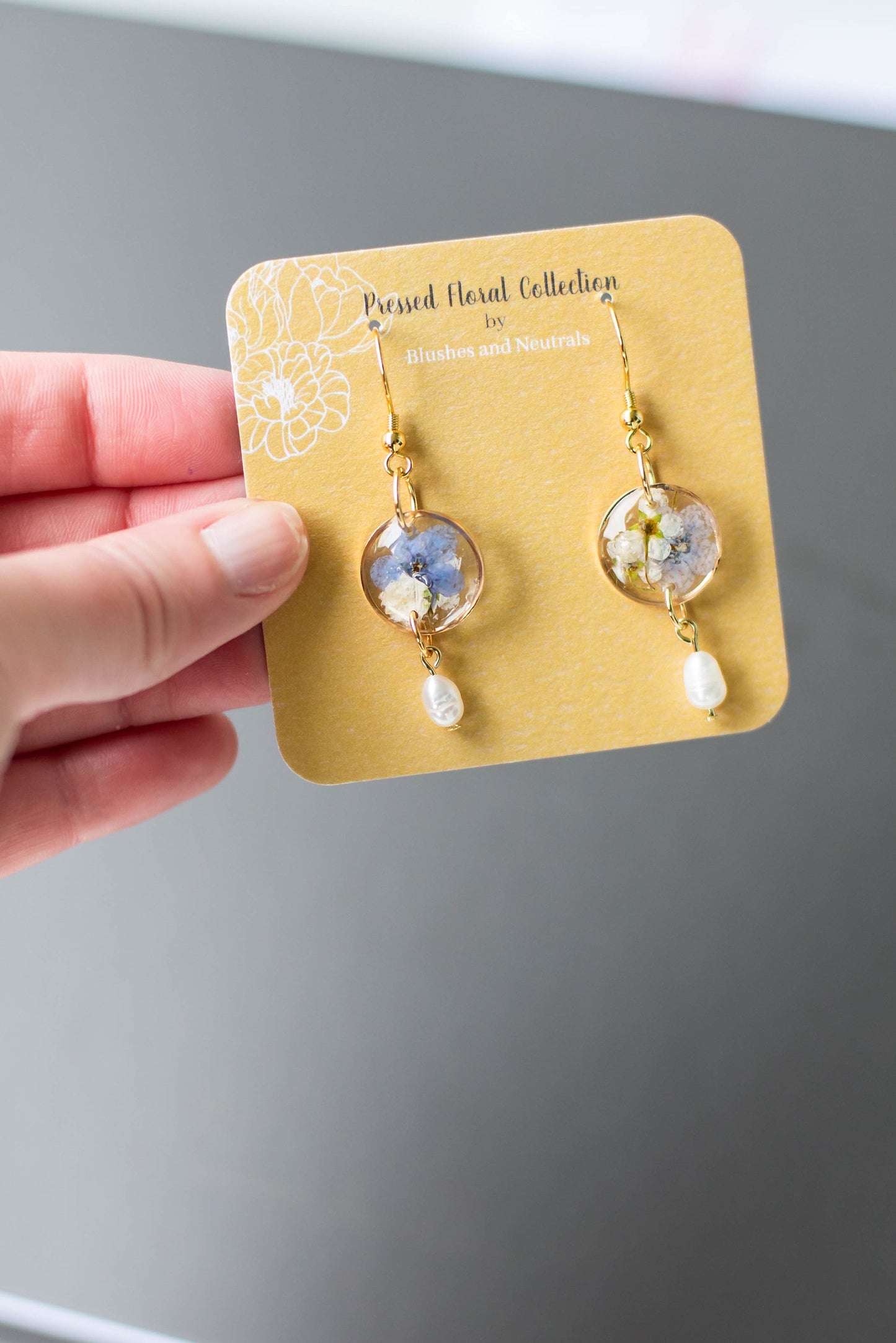 Pressed Forget Me Not and Pearl Earrings