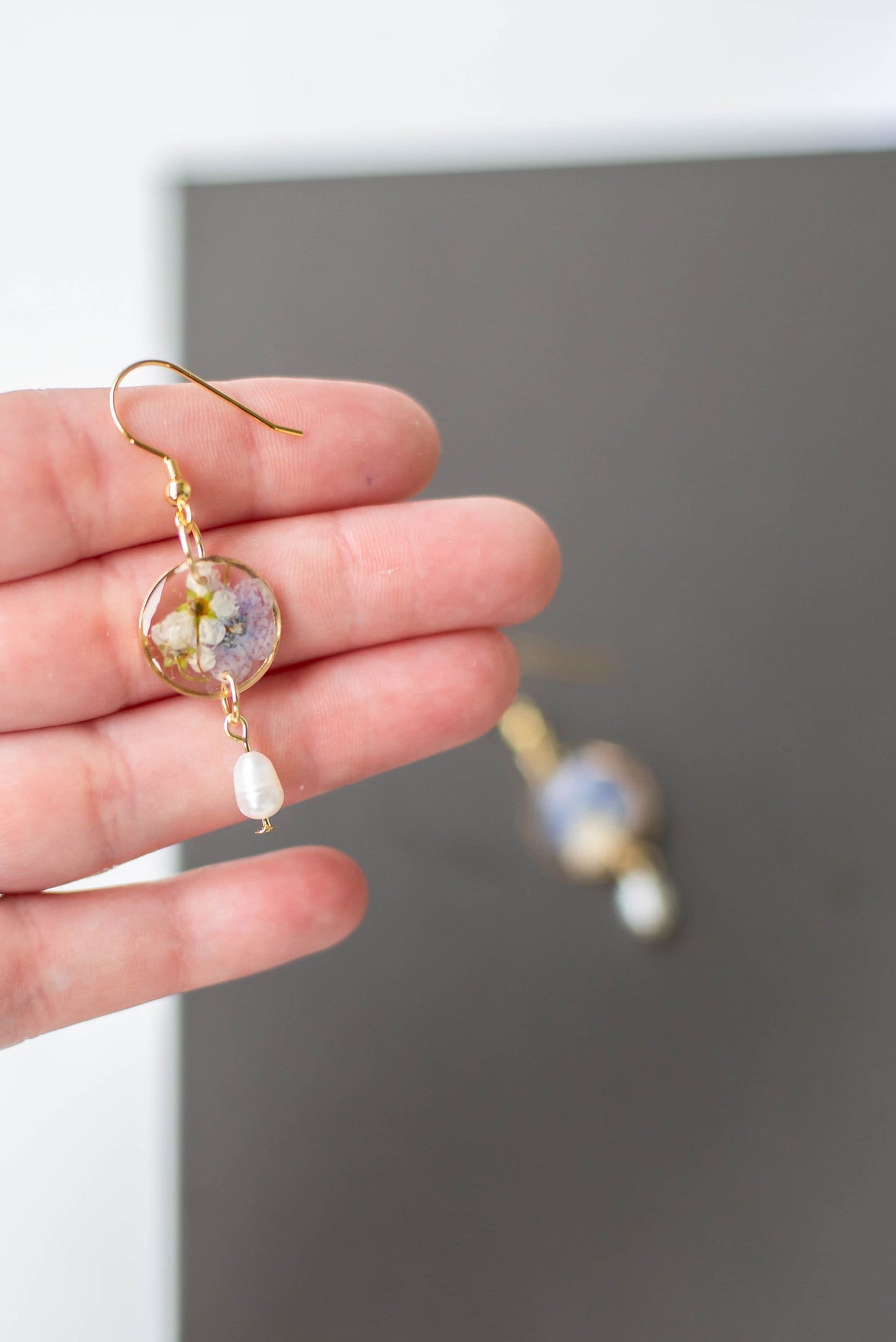 Pressed Forget Me Not and Pearl Earrings