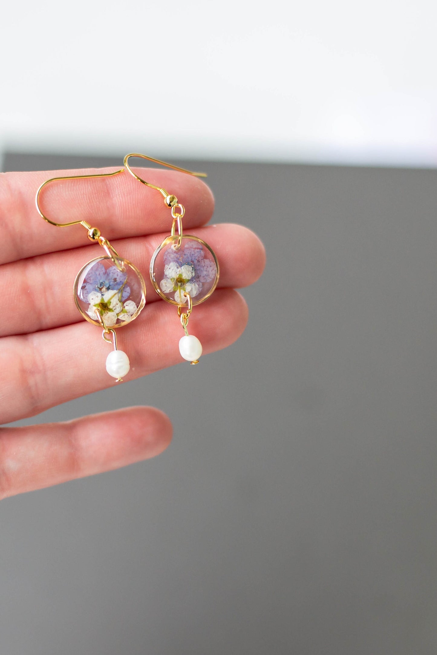 Pressed Forget Me Not and Pearl Earrings