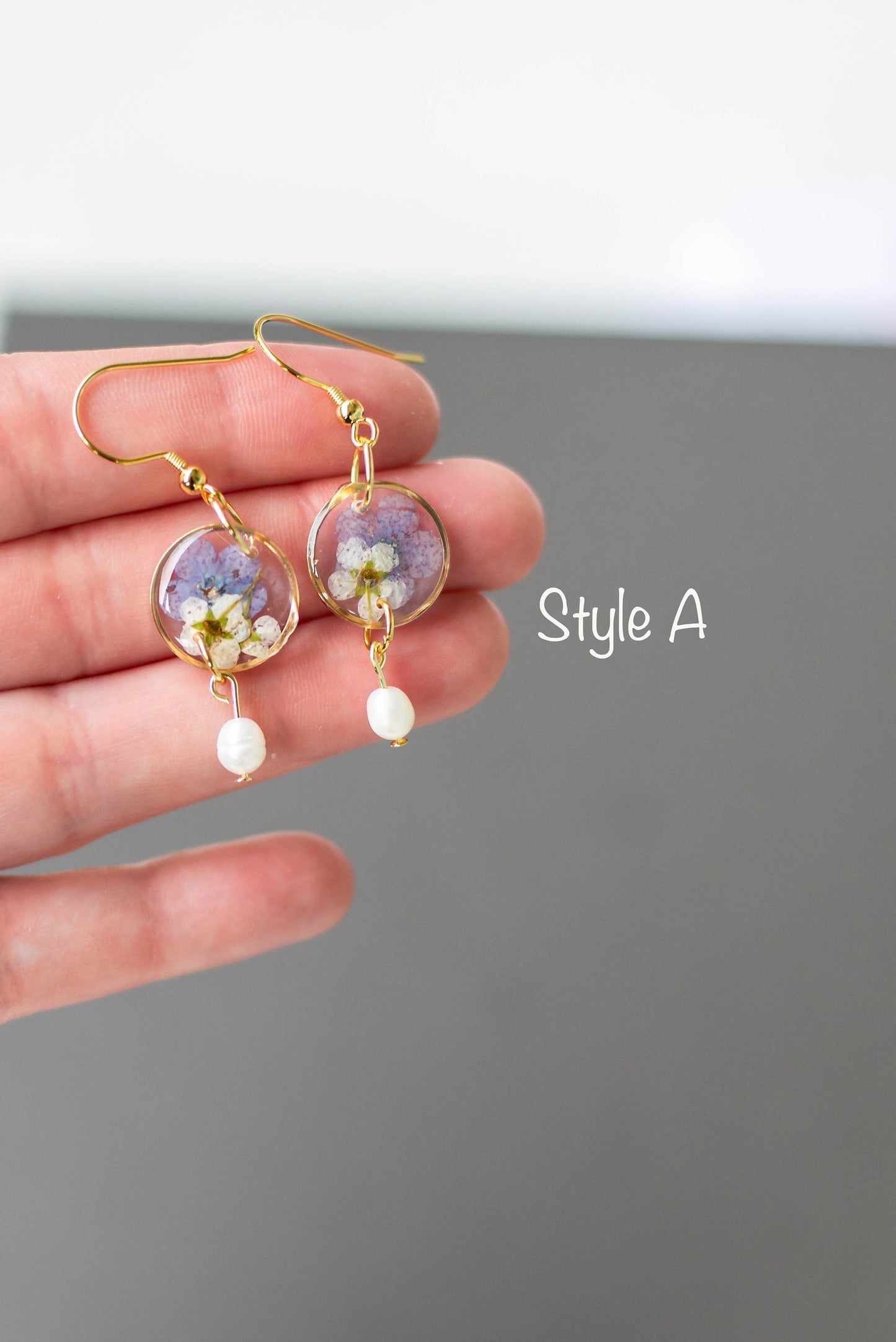 Pressed Forget Me Not and Pearl Earrings